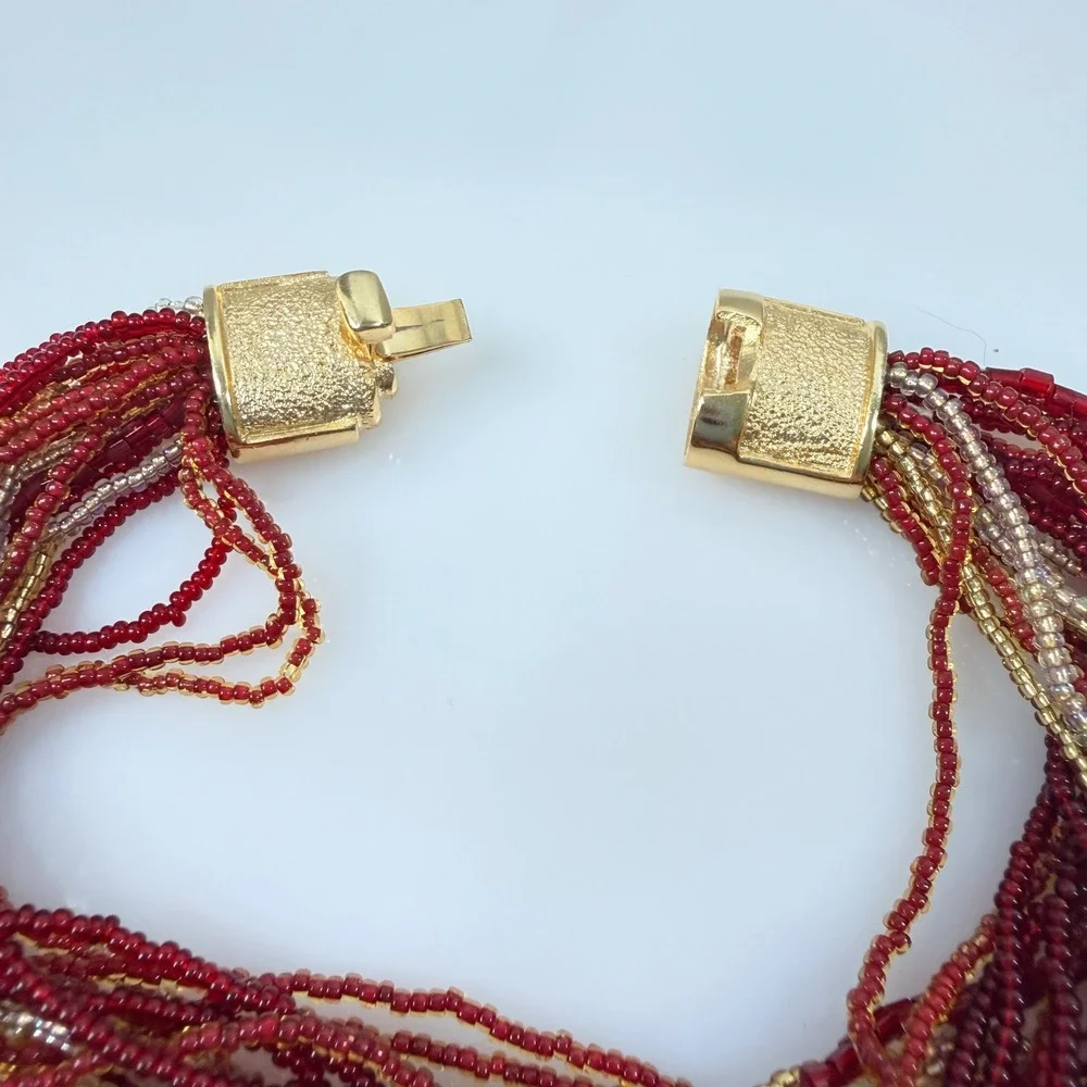 Murano Glass Bracelet Multi Strand Micro Seed Beads Torsade Red Silver Gold 7.25